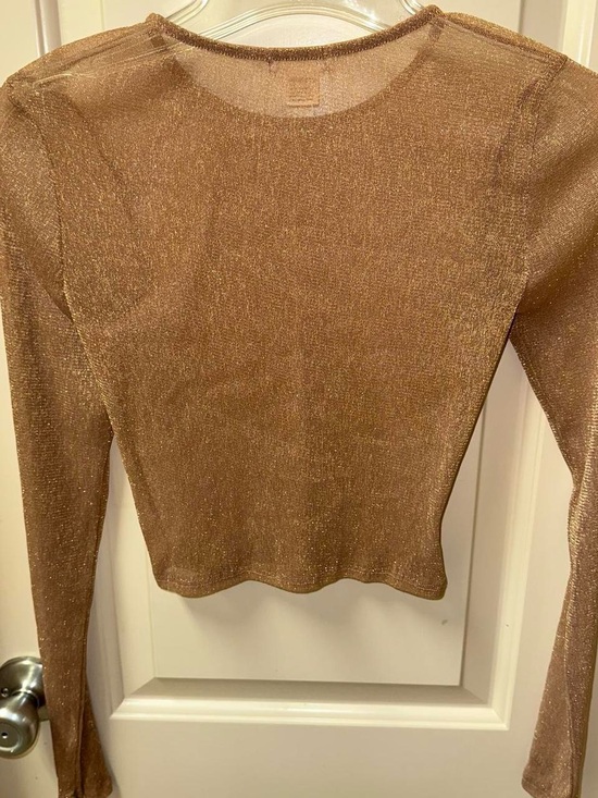 Tops - Tan and gold glitter long sleeve mesh crop size top.